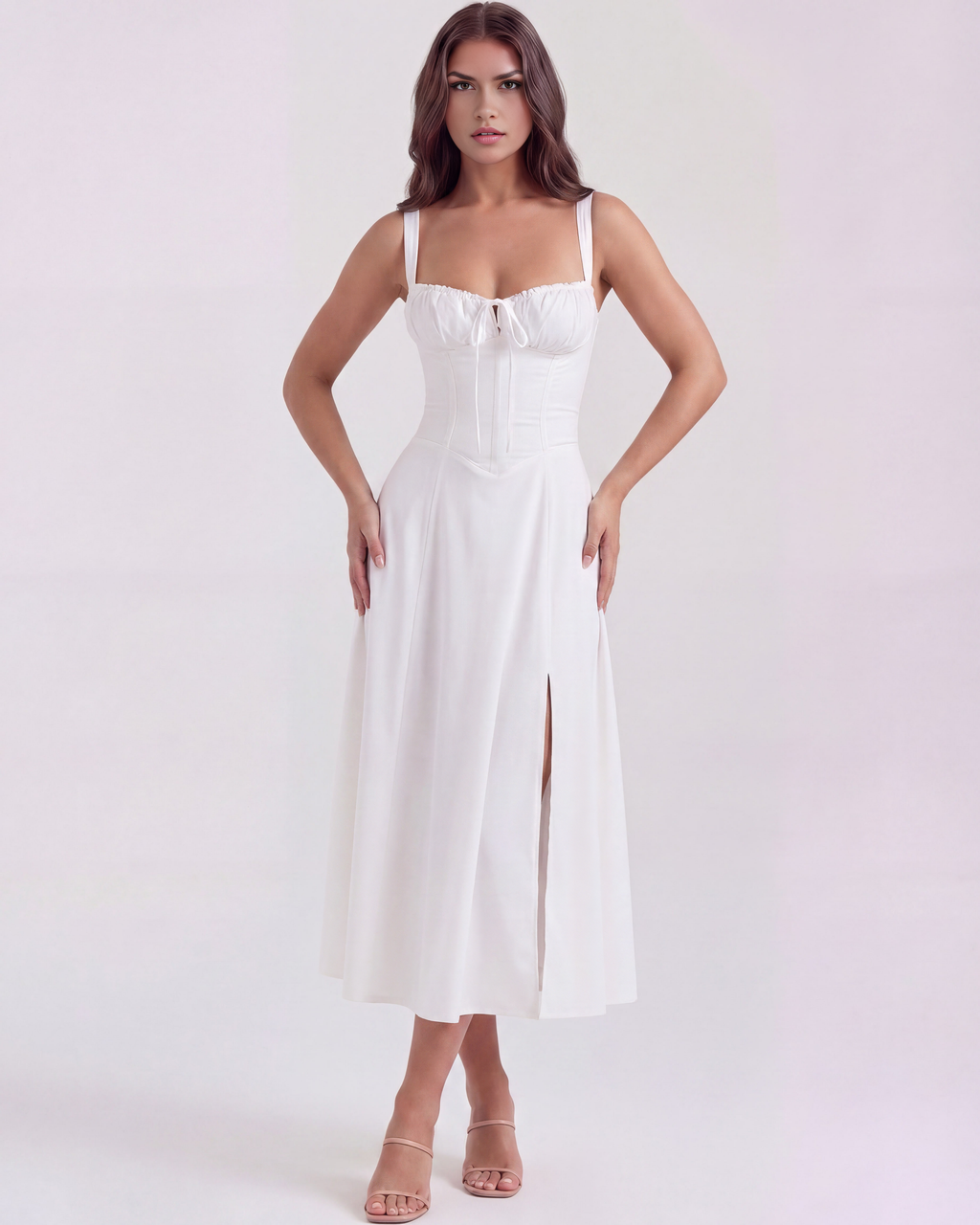 Women's White Dress with Corseted Bodice – Lace-Up Back for Garden...