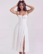 Women's White Dress with Corseted Bodice – Lace-Up Back for Garden...