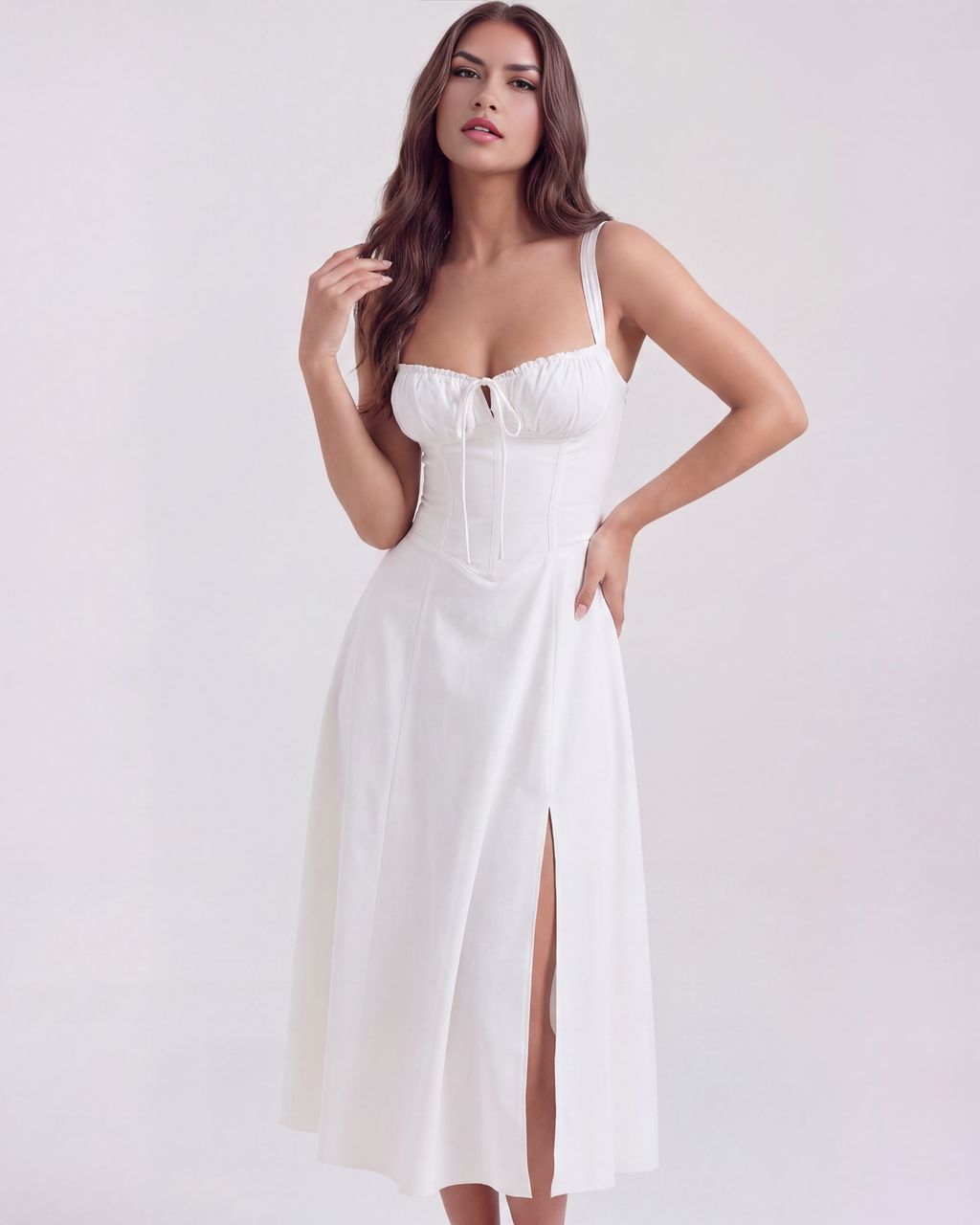 Women's White Dress with Corseted Bodice – Lace-Up Back for Garden...