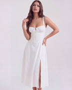 Women's White Dress with Corseted Bodice – Lace-Up Back for Garden...