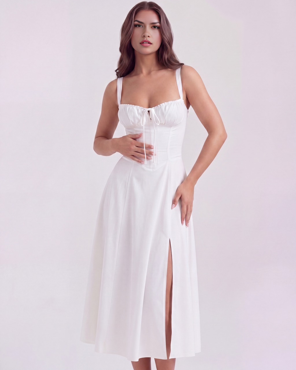 Women's White Dress with Corseted Bodice – Lace-Up Back for Garden...