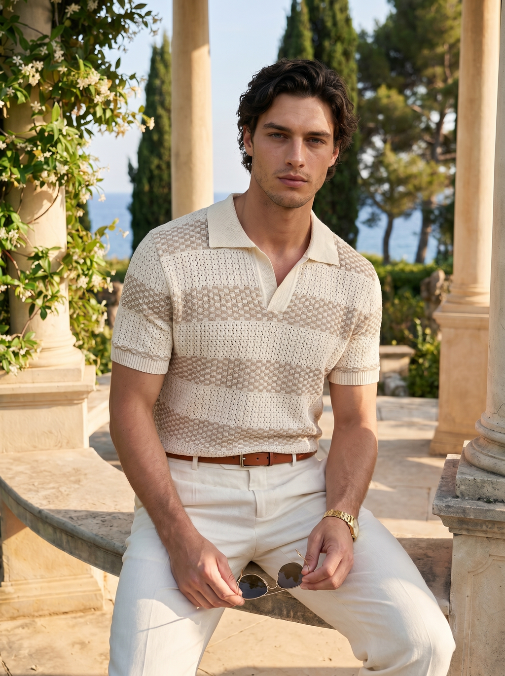 Elegant Striped Polo Shirt with Waffle-Knit Texture for Timeless Style
