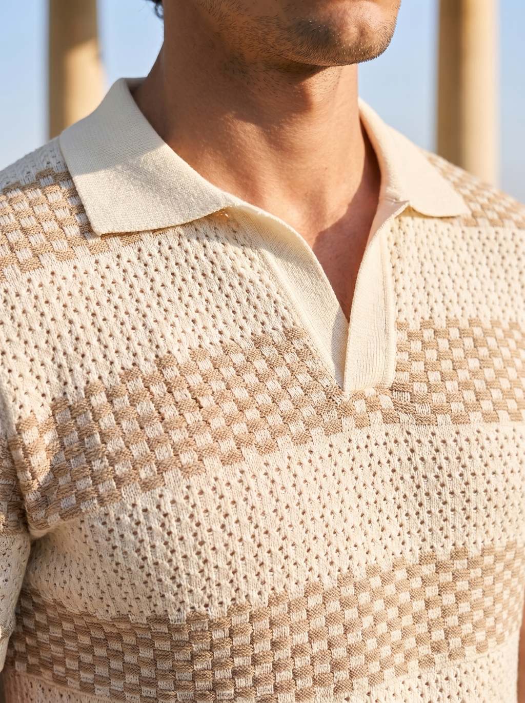 Elegant Striped Polo Shirt with Waffle-Knit Texture for Timeless Style