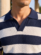 Elegant Striped Polo Shirt with Waffle-Knit Texture for Timeless Style