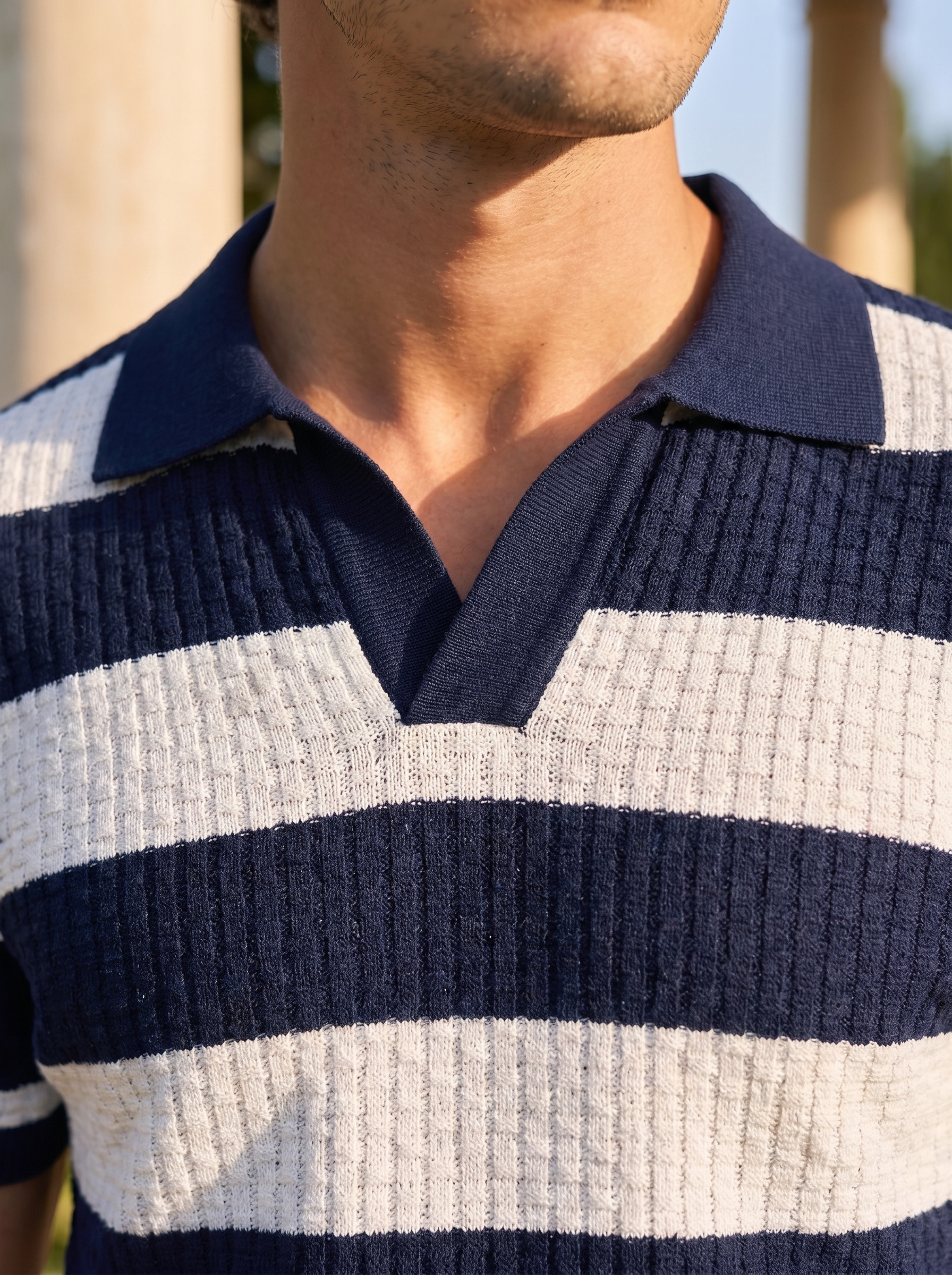 Elegant Striped Polo Shirt with Waffle-Knit Texture for Timeless Style