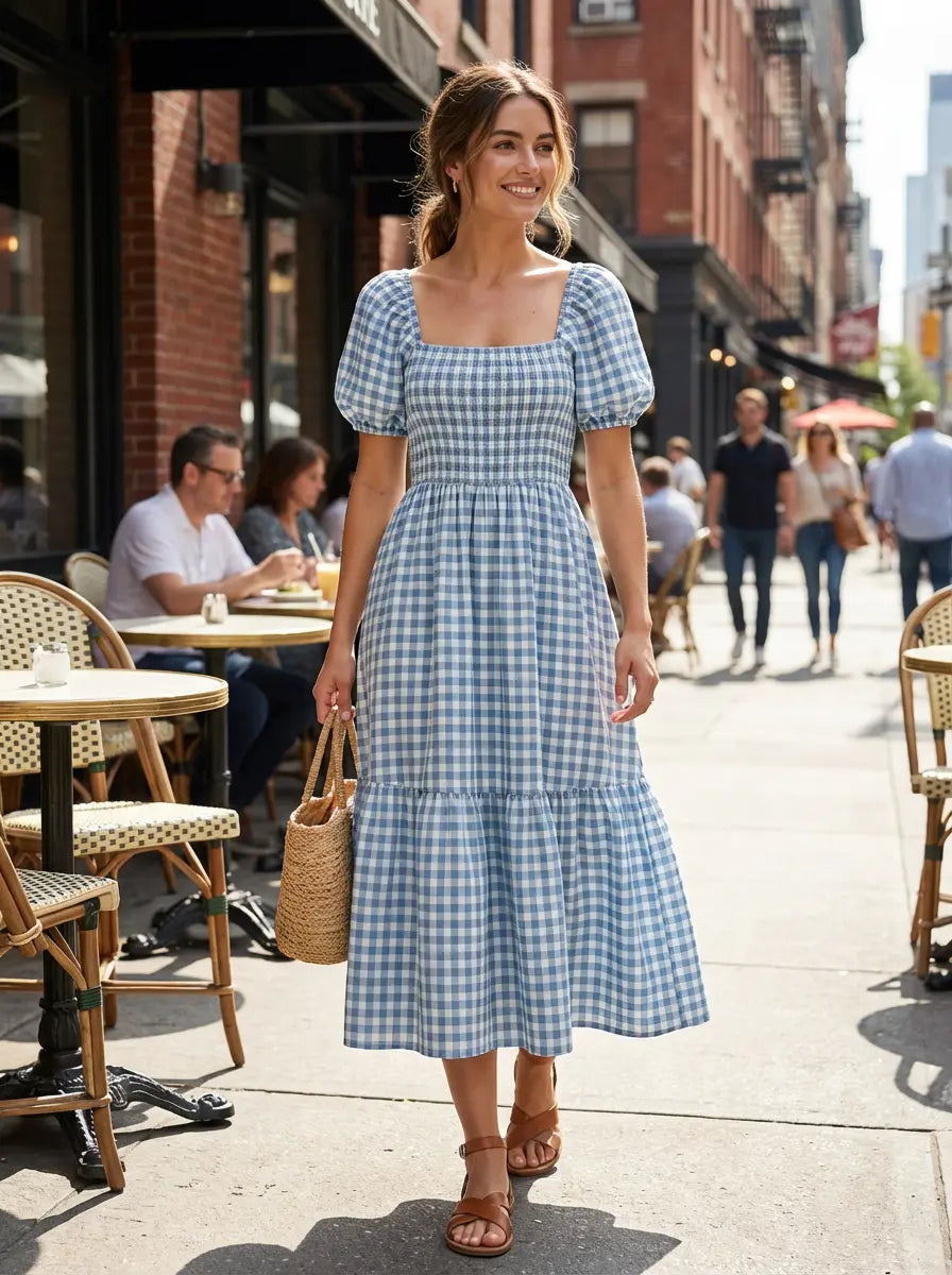 Elegant Summer Dress | Women's Midi Dress with Puff Sleeves for Effortless Style