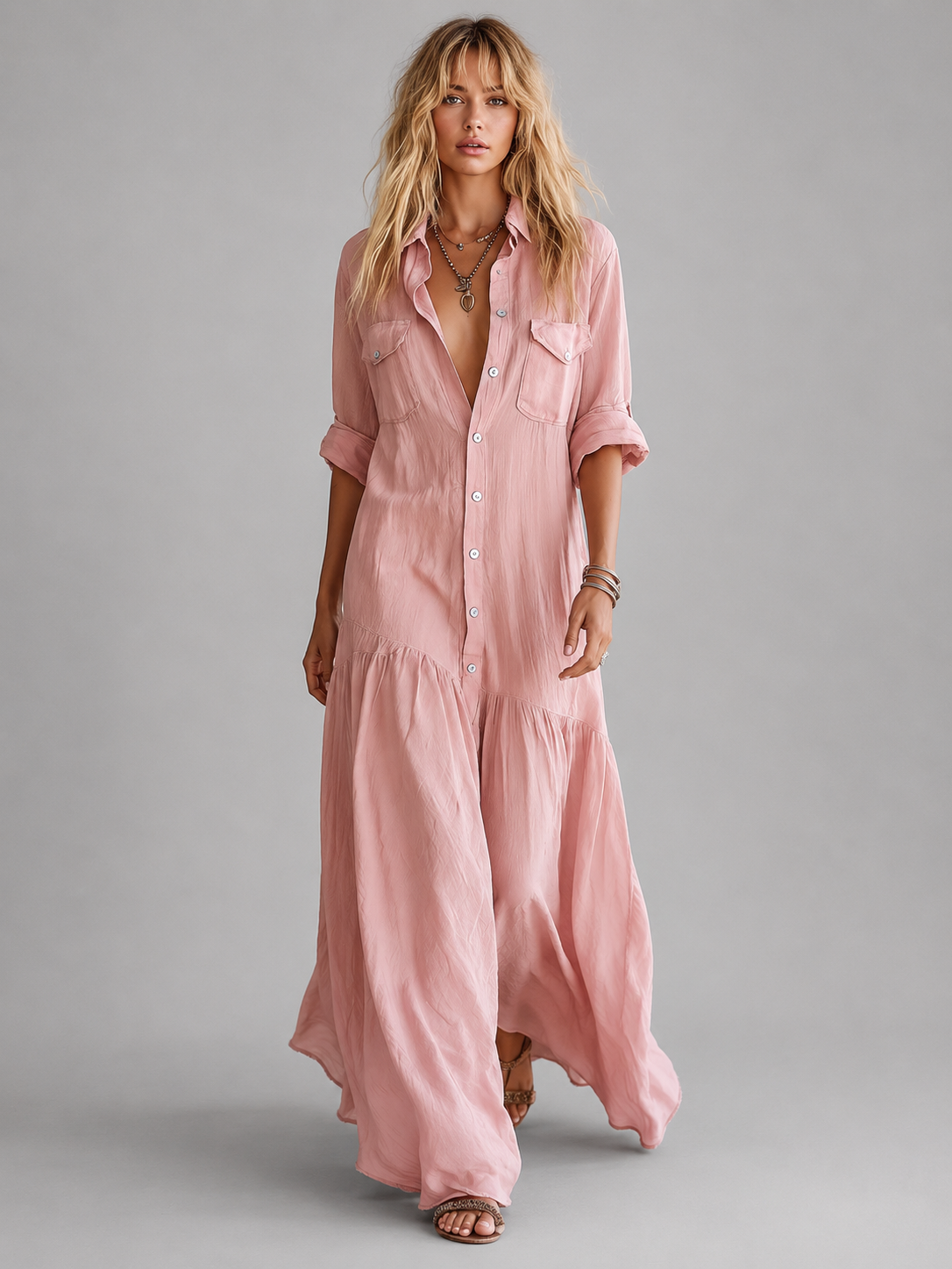 Elegant Summer Maxi Dress | Women's Cotton Linen Blend with Button Front for Effortless Style