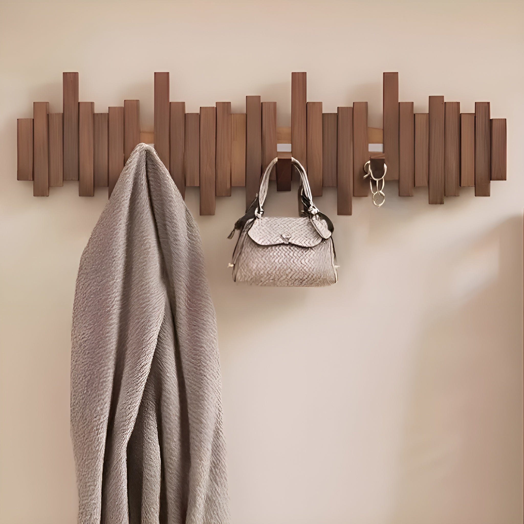 Wood Wall Coat Rack — Piano-Key Foldable Hooks