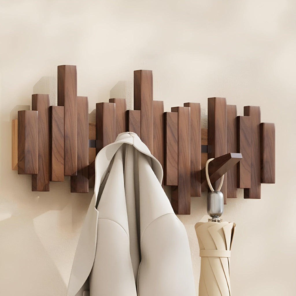 Wood Wall Coat Rack — Piano-Key Foldable Hooks