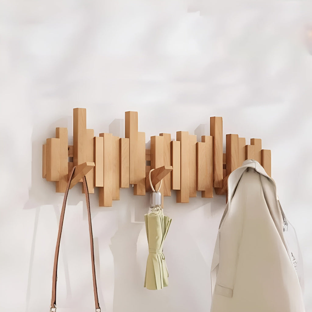 Wood Wall Coat Rack — Piano-Key Foldable Hooks