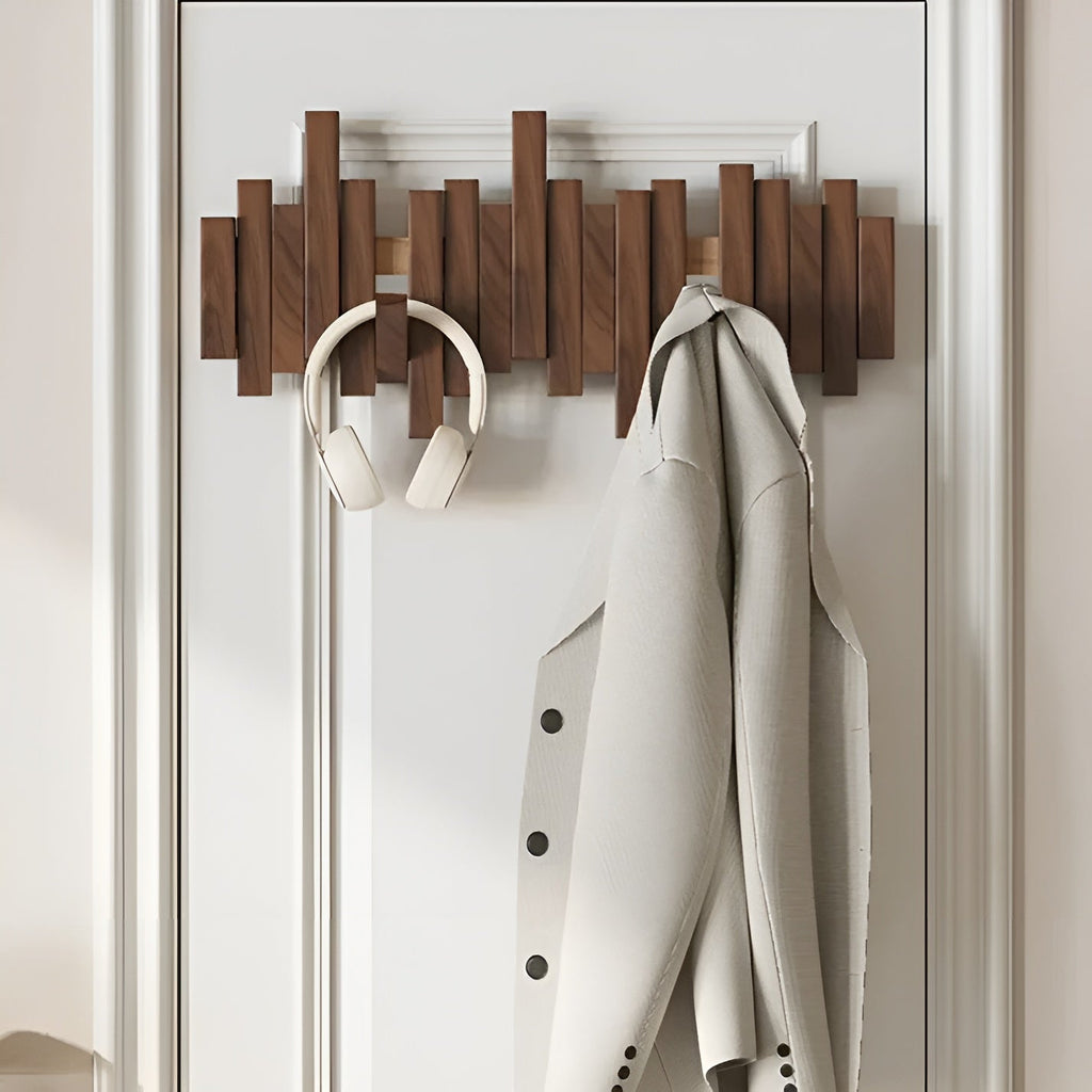 Wood Wall Coat Rack — Piano-Key Foldable Hooks