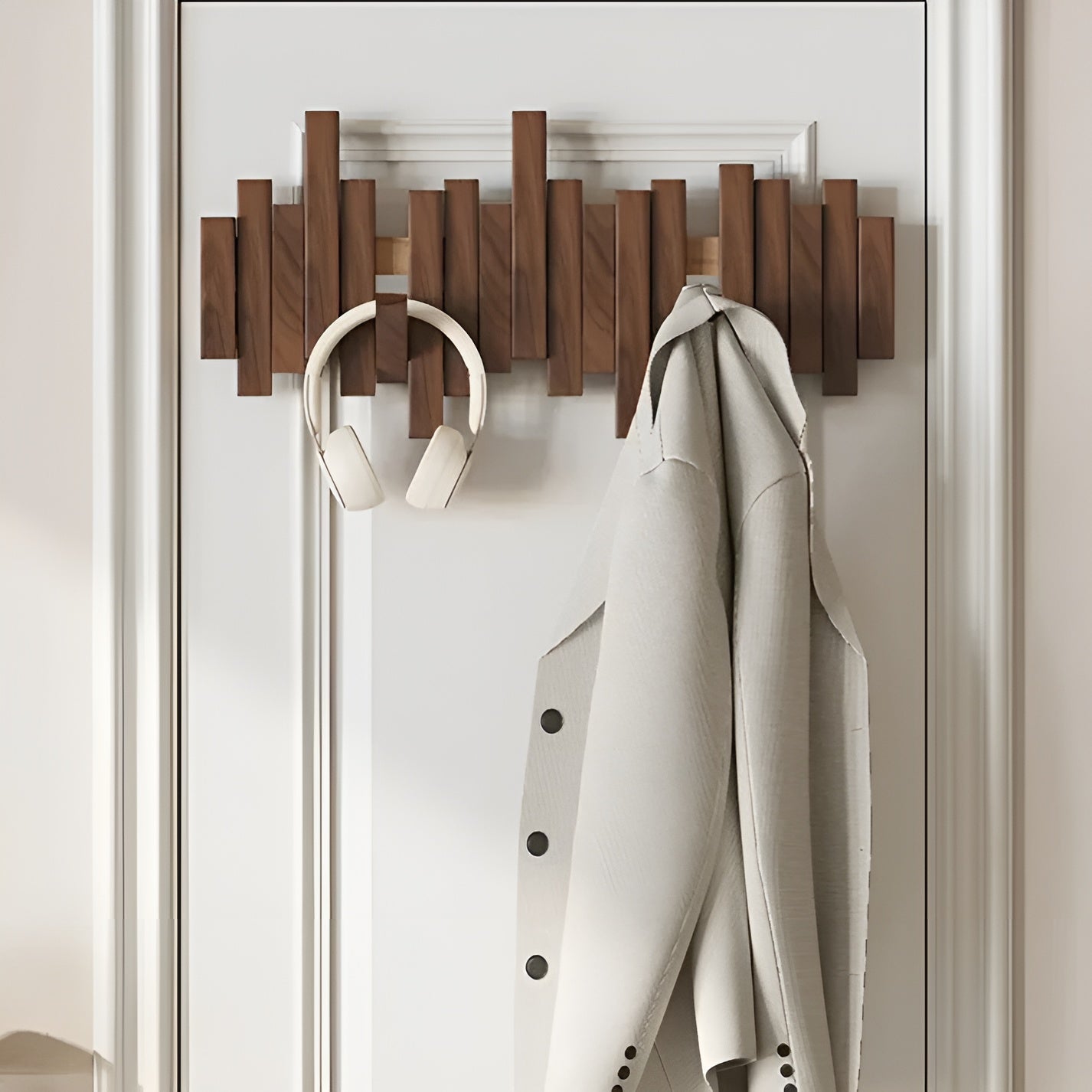 Wood Wall Coat Rack — Piano-Key Foldable Hooks