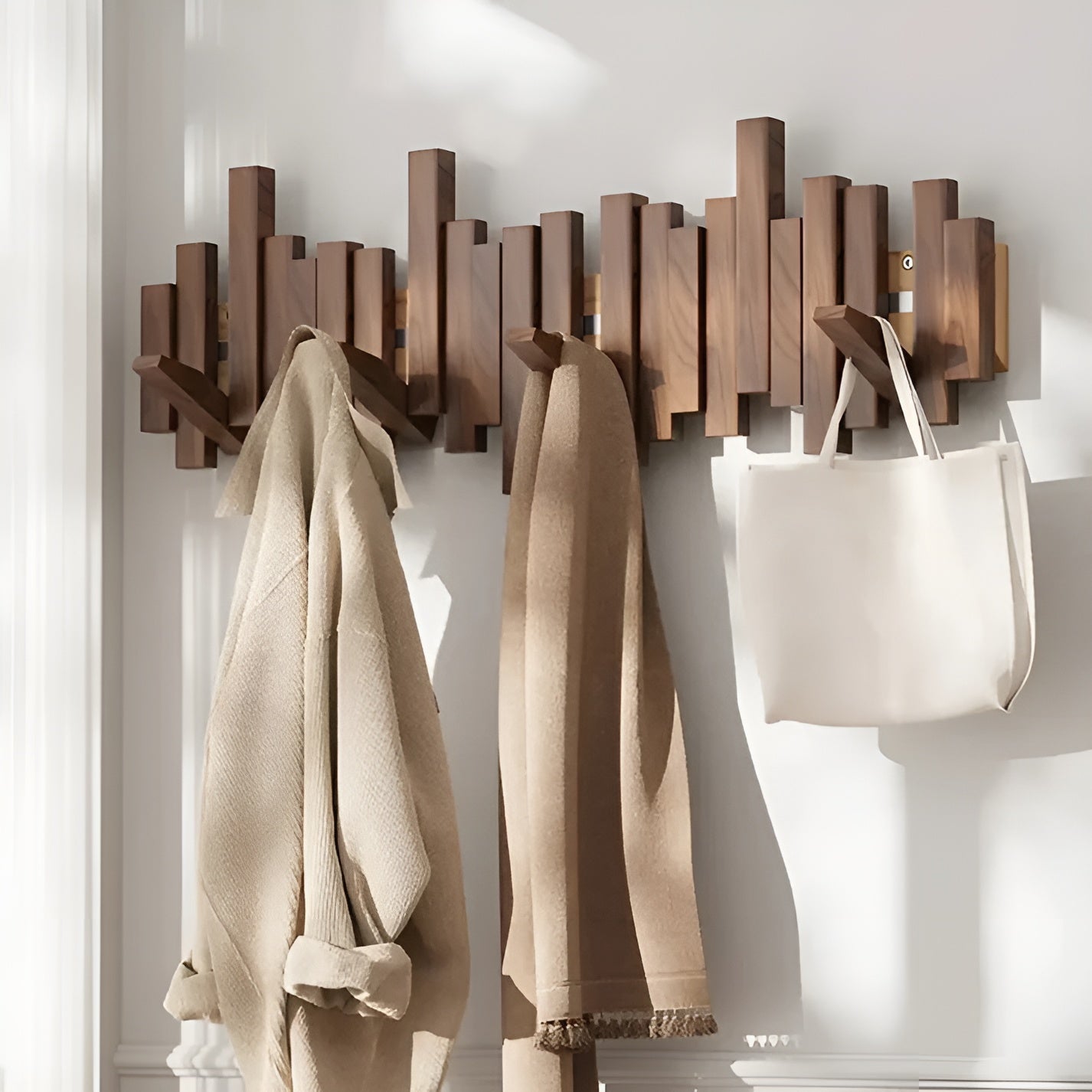 Wood Wall Coat Rack — Piano-Key Foldable Hooks