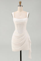 Elegant White Bodycon Mini Dress with Ruffled Details | Flattering Square Neckline for Special Occasions