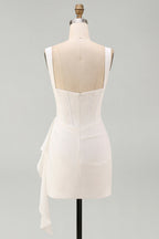 Elegant White Bodycon Mini Dress with Ruffled Details | Flattering Square Neckline for Special Occasions
