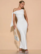 Elegant White Dress | Women's Bodycon Cocktail Dress with Asymmetrical Tie for a Flattering Fit