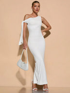 Elegant White Dress | Women's Bodycon Cocktail Dress with Asymmetrical Tie for a Flattering Fit