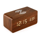 Wooden Digital Alarm Clock — Wireless Charging & Voice Control