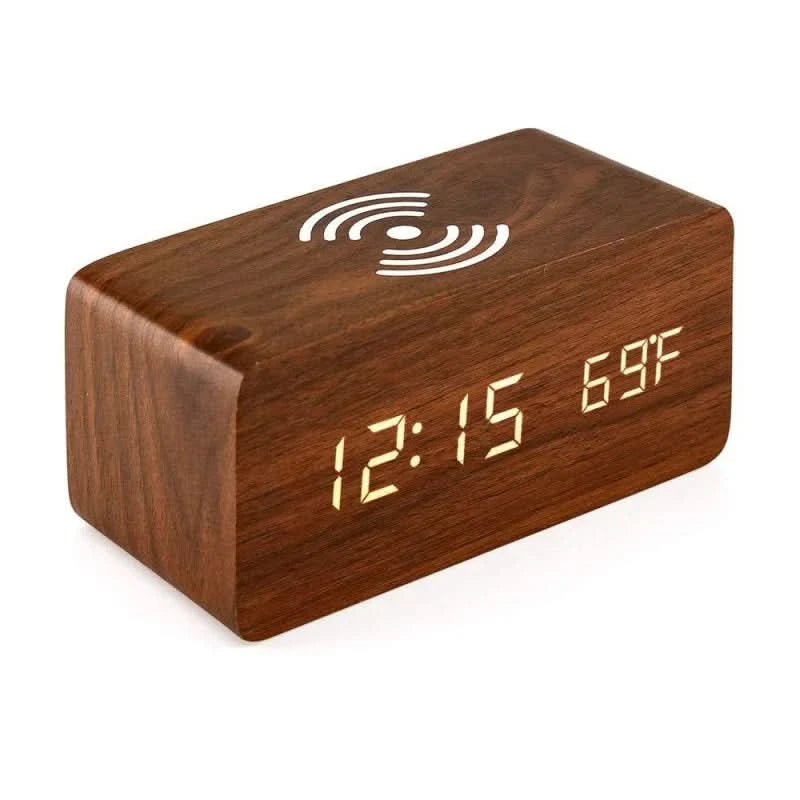 Wooden Digital Alarm Clock — Wireless Charging & Voice Control