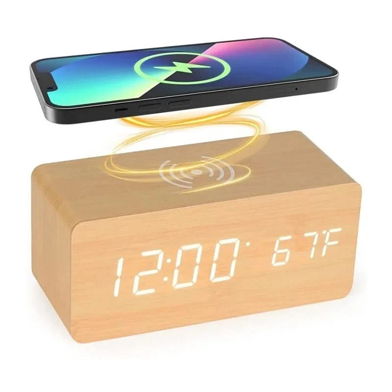 Wooden Digital Alarm Clock — Wireless Charging & Voice Control