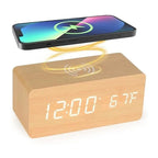 Wooden Digital Alarm Clock — Wireless Charging & Voice Control