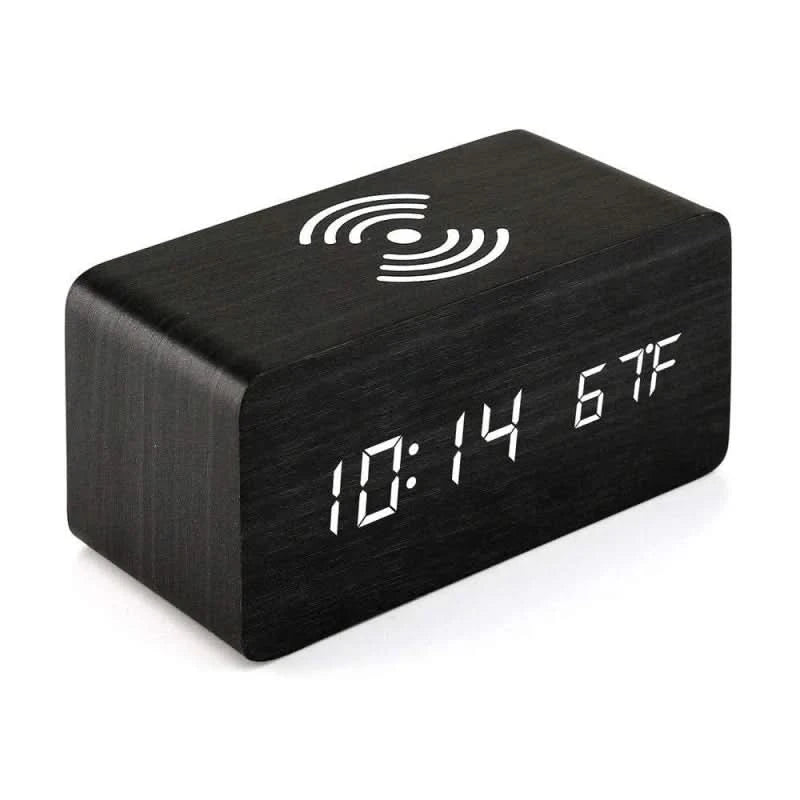 Wooden Digital Alarm Clock — Wireless Charging & Voice Control