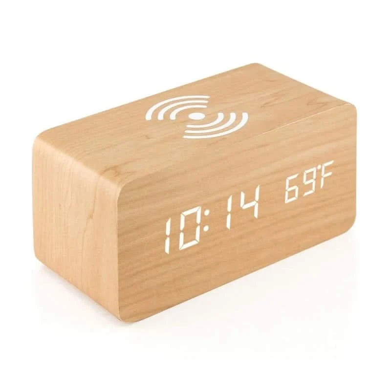 Wooden Digital Alarm Clock — Wireless Charging & Voice Control