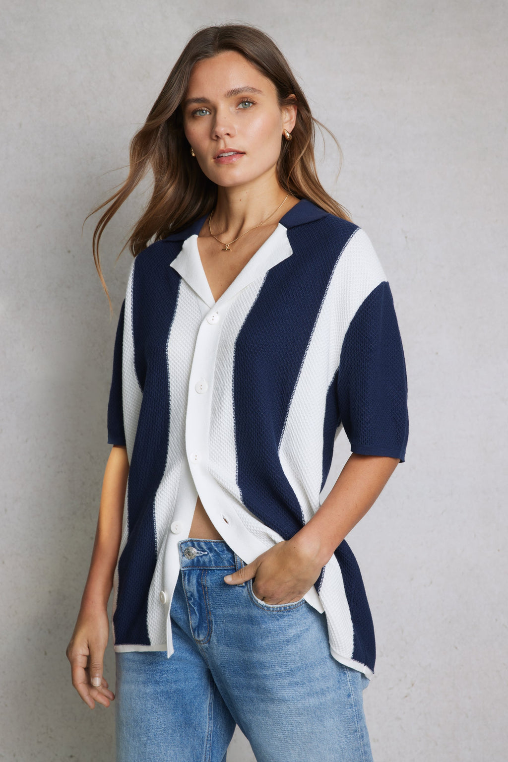 Essential Striped Knit Shirt in Navy Cotton with Short Sleeves for Effortless Summer Style