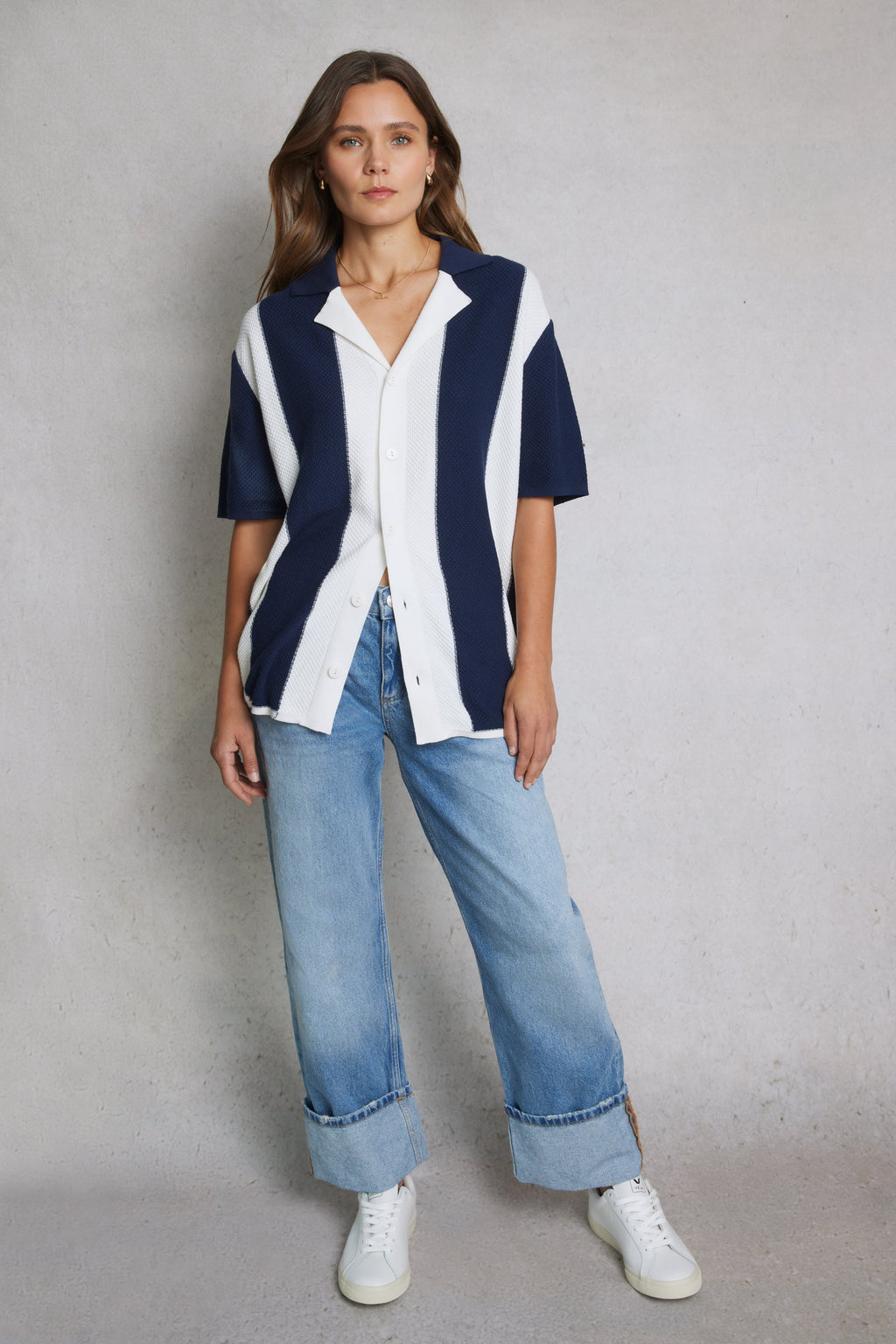Essential Striped Knit Shirt in Navy Cotton with Short Sleeves for Effortless Summer Style