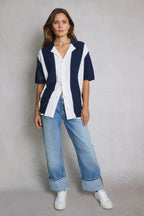 Essential Striped Knit Shirt in Navy Cotton with Short Sleeves for Effortless Summer Style