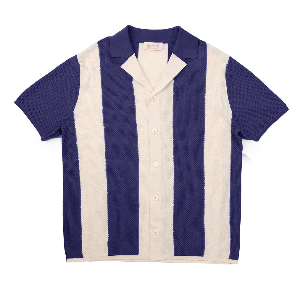 Essential Striped Knit Shirt in Navy Cotton with Short Sleeves for Effortless Summer Style