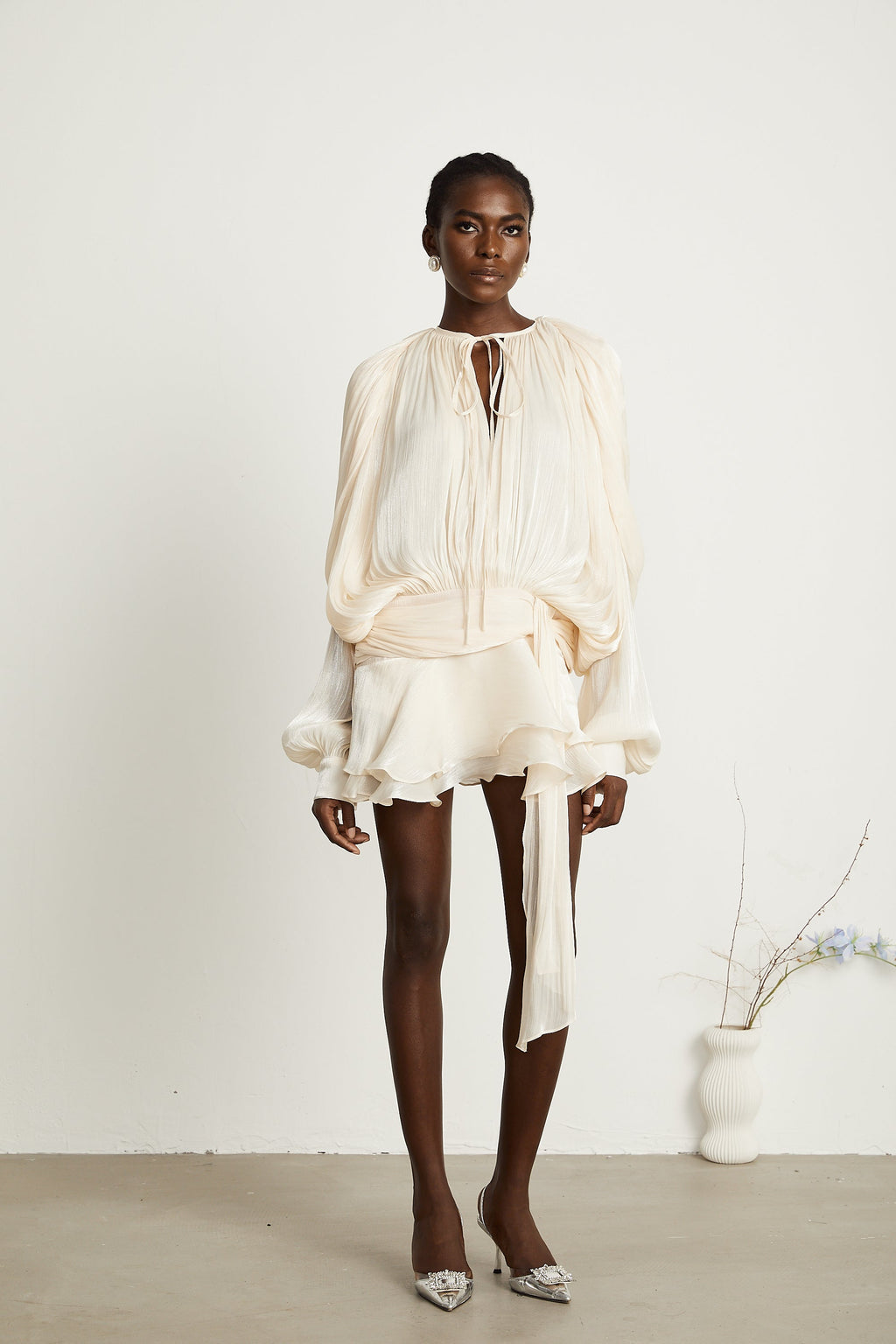 Eugénie – Long Sleeve Mini Dress with Ruffled Hem & Glitter Detail