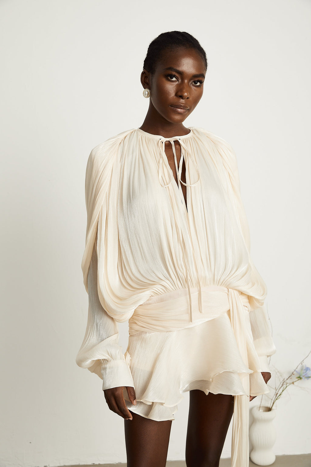 Eugénie – Long Sleeve Mini Dress with Ruffled Hem & Glitter Detail