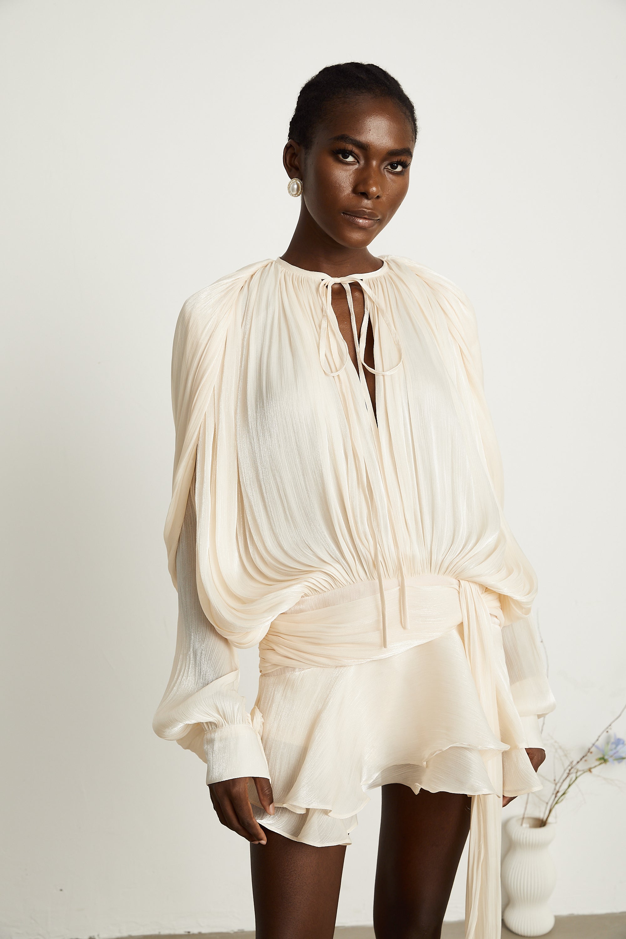 Eugénie – Long Sleeve Mini Dress with Ruffled Hem & Glitter Detail