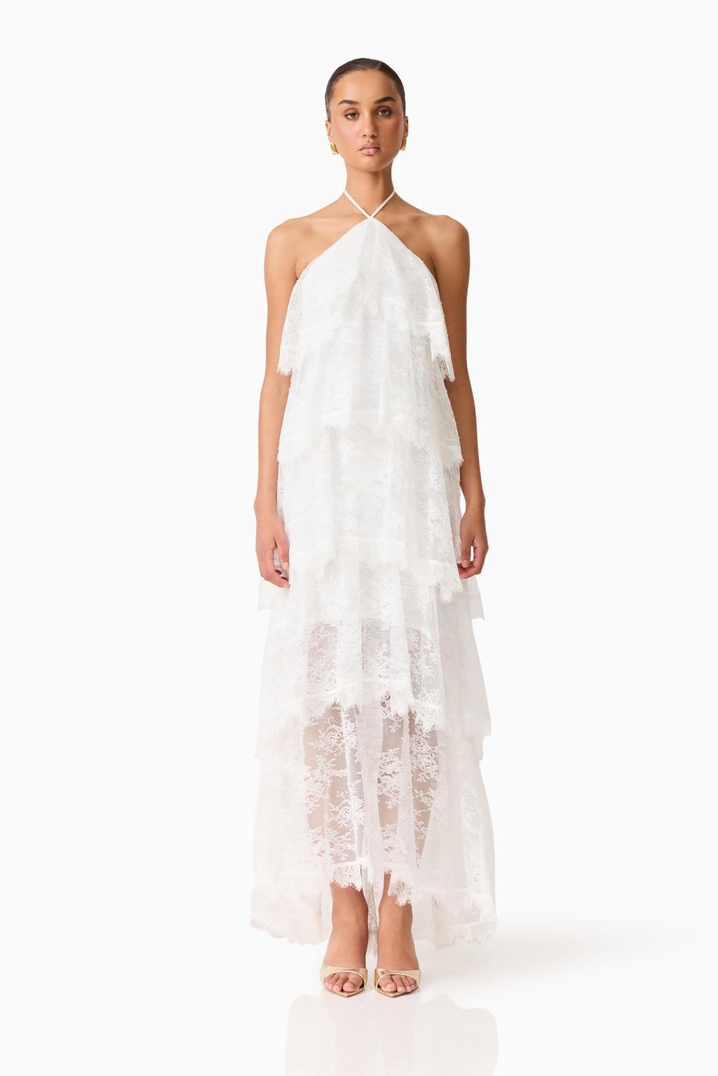 Evelin Lace Gown | Women's Wedding Guest Dress with Halter Neck & Cascading Frills | Elegant White Dress for Special Occasions