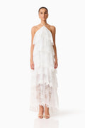 Evelin Lace Gown | Women's Wedding Guest Dress with Halter Neck & Cascading Frills | Elegant White Dress for Special Occasions