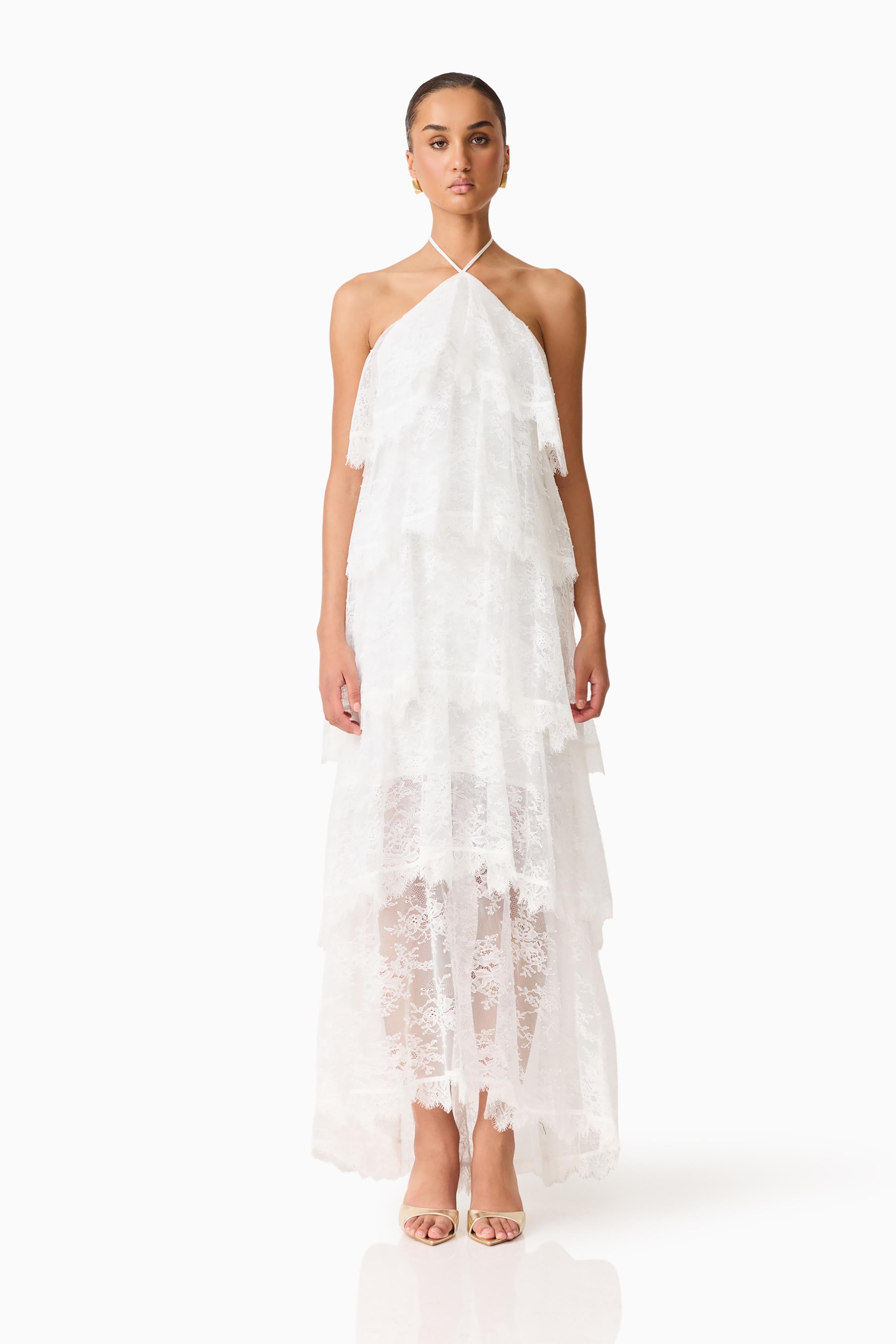 Evelin Lace Gown | Women's Wedding Guest Dress with Halter Neck & Cascading Frills | Elegant White Dress for Special Occasions