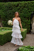 Evelin Lace Gown | Women's Wedding Guest Dress with Halter Neck & Cascading Frills | Elegant White Dress for Special Occasions