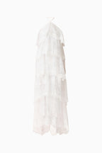 Evelin Lace Gown | Women's Wedding Guest Dress with Halter Neck & Cascading Frills | Elegant White Dress for Special Occasions