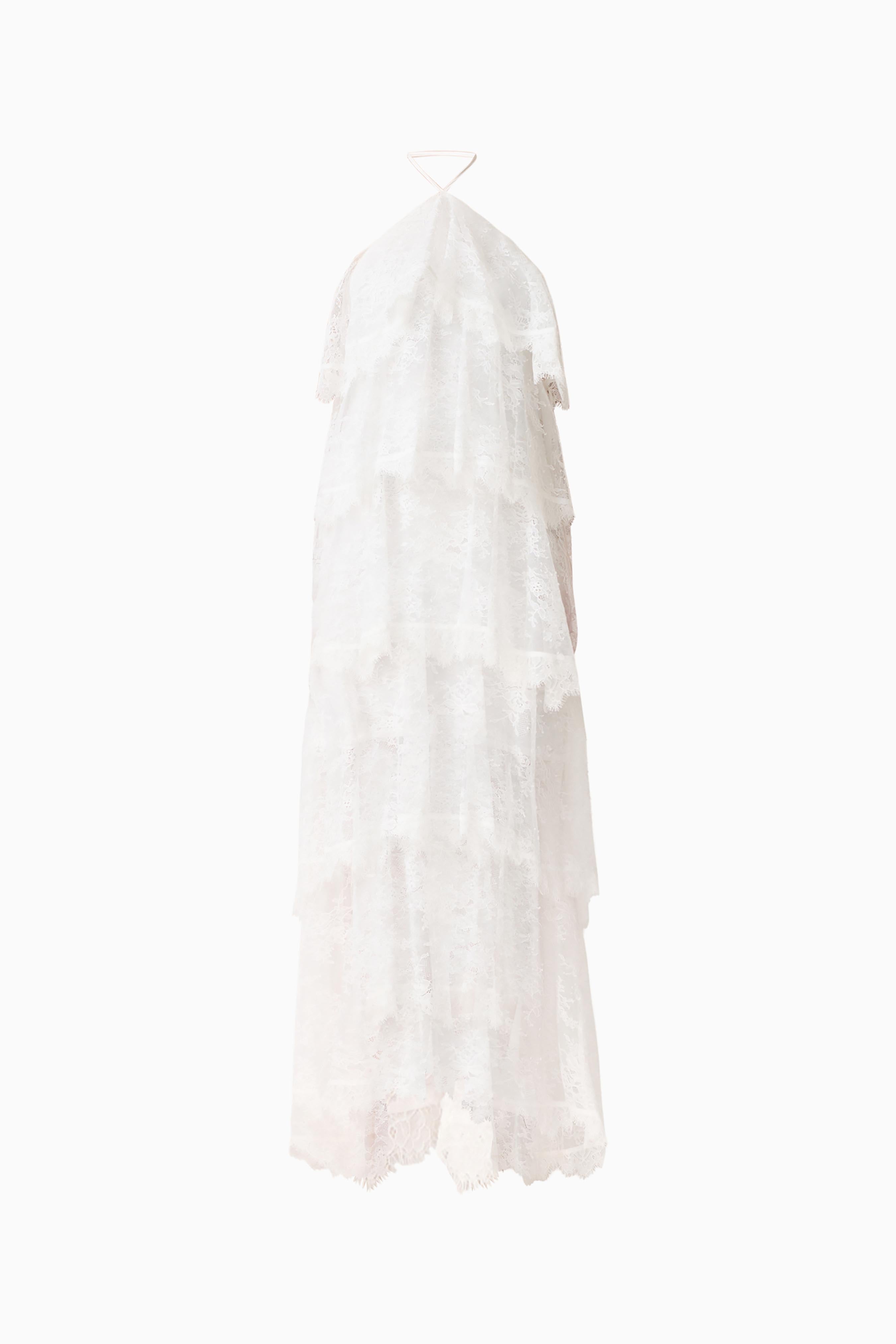 Evelin Lace Gown | Women's Wedding Guest Dress with Halter Neck & Cascading Frills | Elegant White Dress for Special Occasions