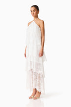 Evelin Lace Gown | Women's Wedding Guest Dress with Halter Neck & Cascading Frills | Elegant White Dress for Special Occasions