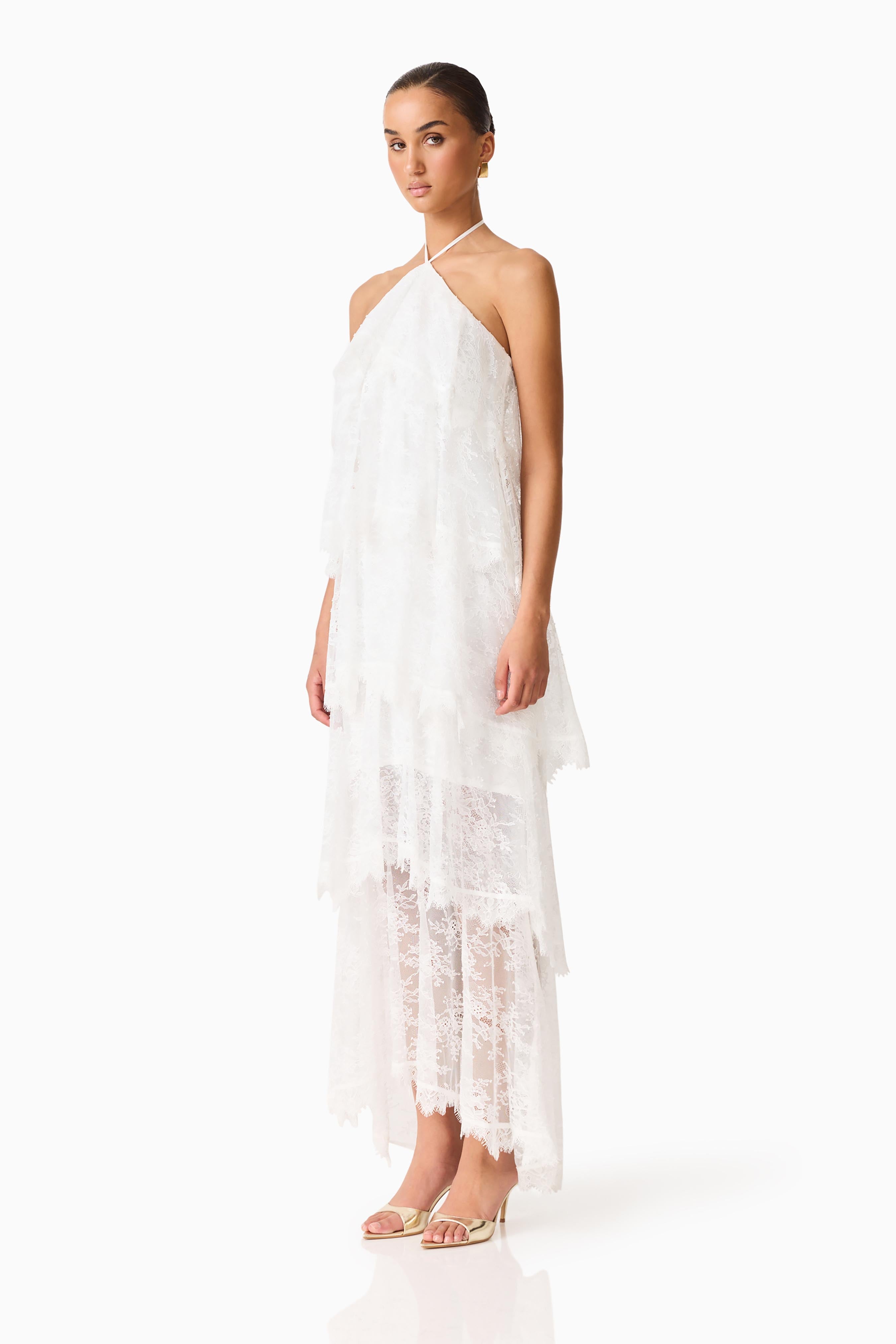 Evelin Lace Gown | Women's Wedding Guest Dress with Halter Neck & Cascading Frills | Elegant White Dress for Special Occasions