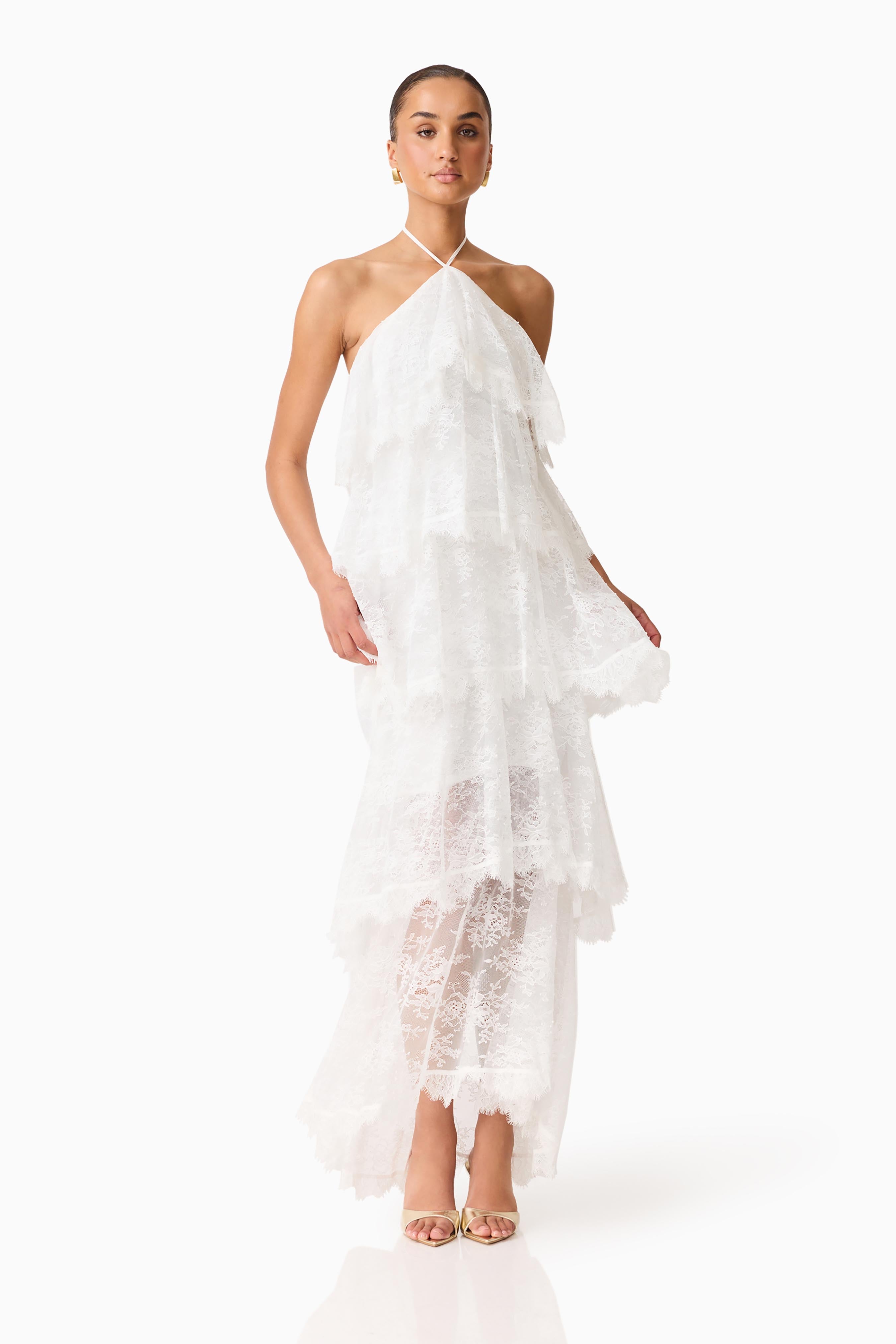 Evelin Lace Gown | Women's Wedding Guest Dress with Halter Neck & Cascading Frills | Elegant White Dress for Special Occasions