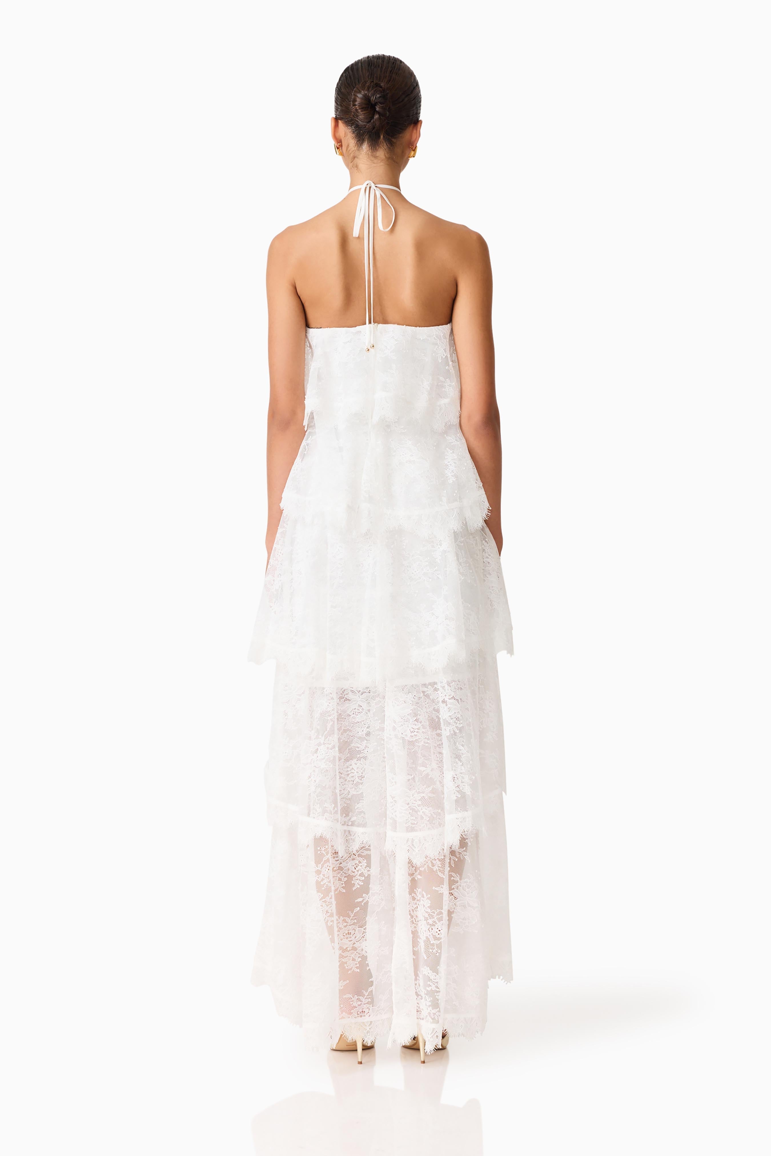 Evelin Lace Gown | Women's Wedding Guest Dress with Halter Neck & Cascading Frills | Elegant White Dress for Special Occasions