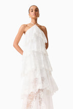 Evelin Lace Gown | Women's Wedding Guest Dress with Halter Neck & Cascading Frills | Elegant White Dress for Special Occasions