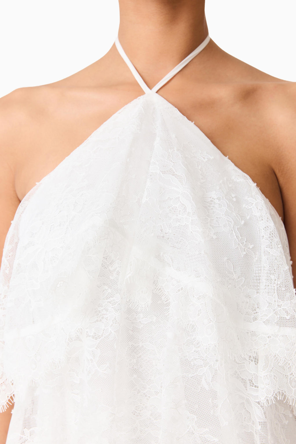 Evelin Lace Gown | Women's Wedding Guest Dress with Halter Neck & Cascading Frills | Elegant White Dress for Special Occasions