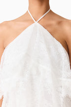 Evelin Lace Gown | Women's Wedding Guest Dress with Halter Neck & Cascading Frills | Elegant White Dress for Special Occasions