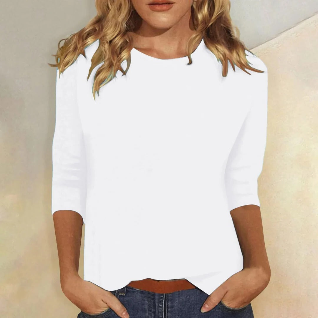 Women's 3/4-sleeve crew neck top in a solid color, product view