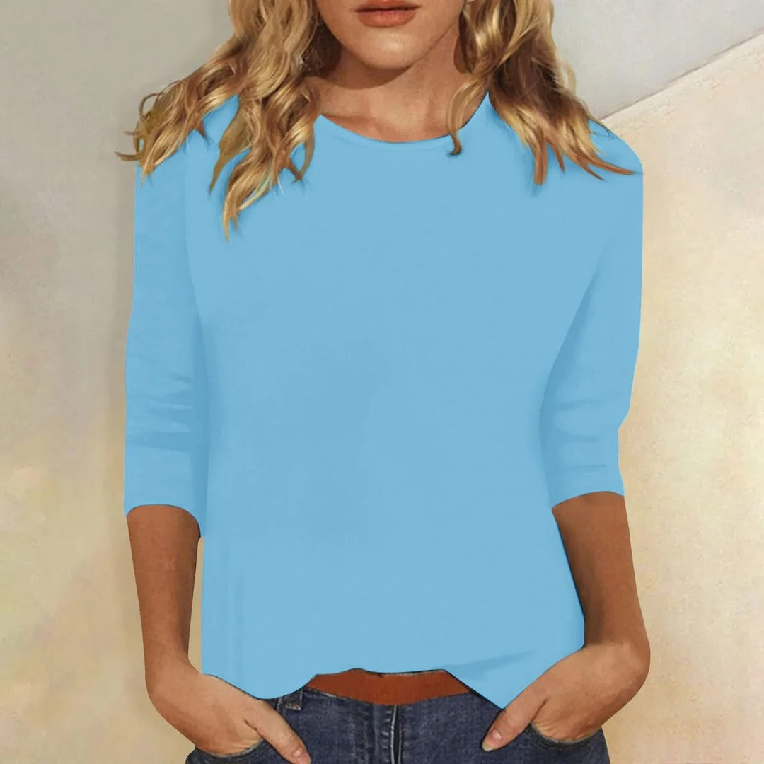 Crew neck 3/4-sleeve top showing relaxed regular fit