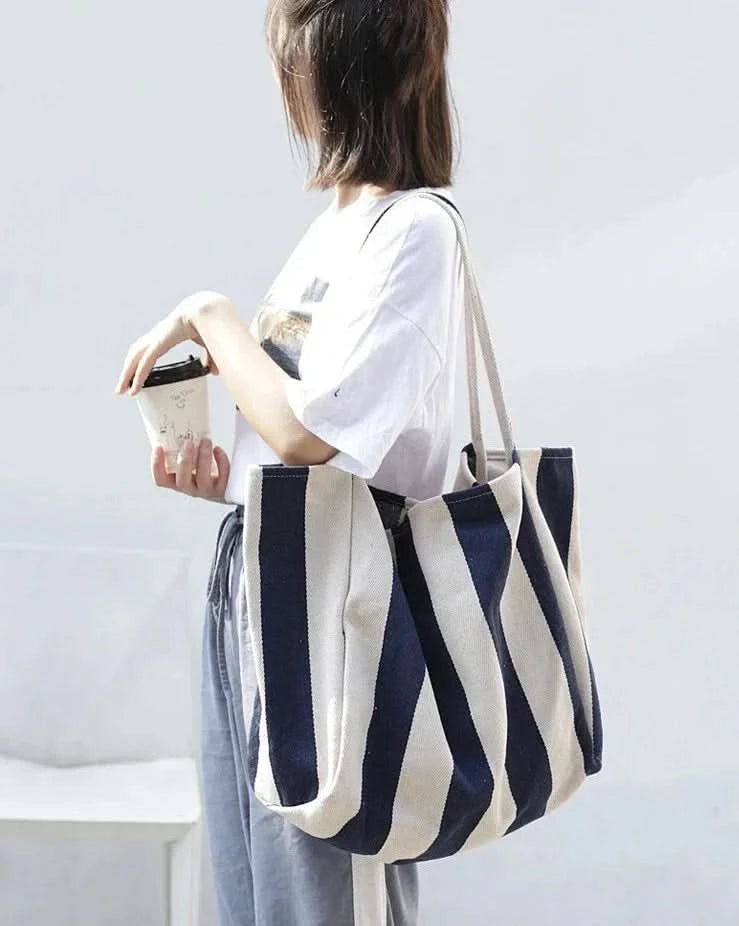 Everyday Essentials | Canvas Tote Bag with Stylish Striped Design | Durable and Spacious for Daily Use